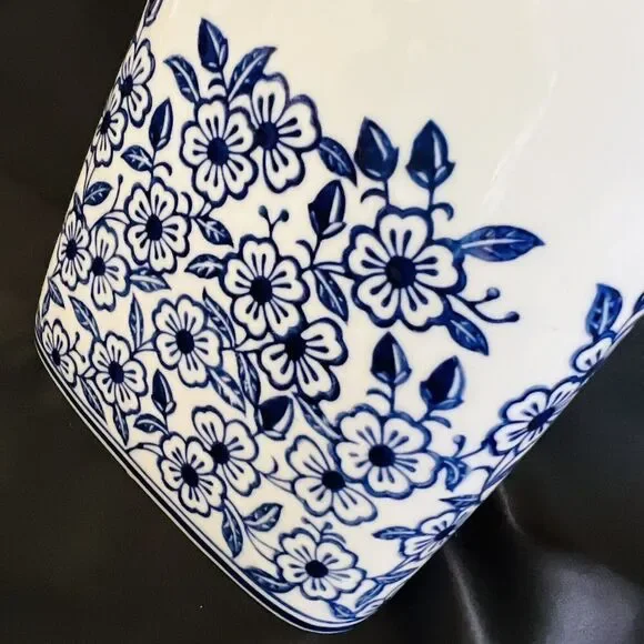 14.5” Tall Blue White Chinoiserie Floral Flower Leaf Porcelain Vase Unique Form